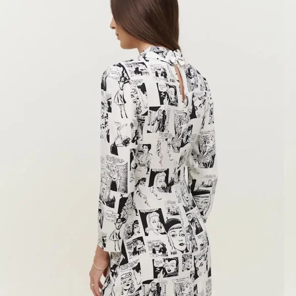 REFORMATION Rocco Dress Comic Print Black and White Dress Size 6 - Picture 2 of 9